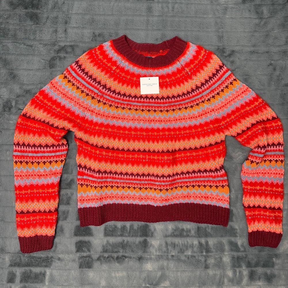 American Eagle Fair Isle Sweater Womens Medium Red Multi Crewneck Knit Pullover - Picture 1 of 8